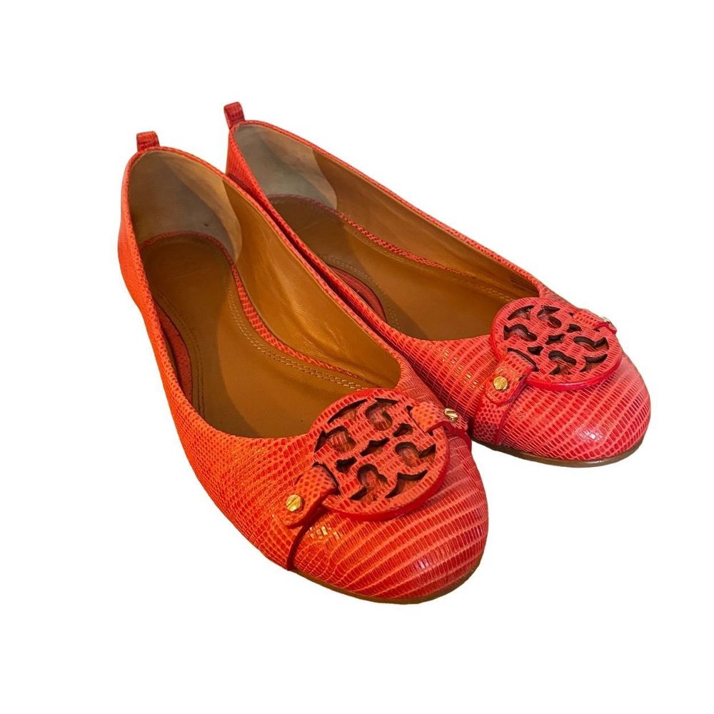 Tory Burch Red Orange Reva Logo Ballet Flats